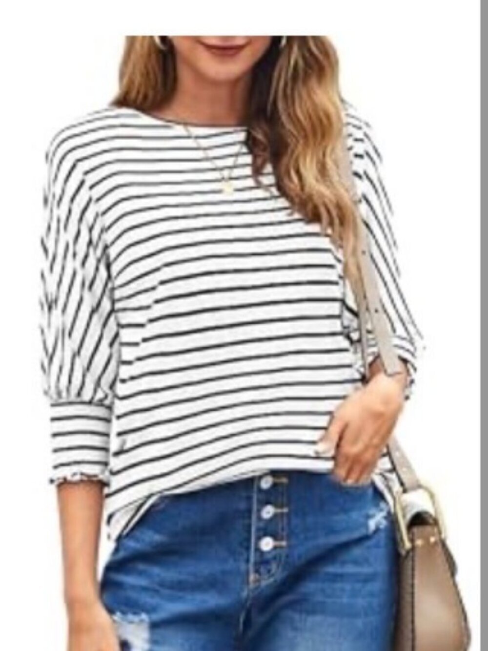 Black & White StripedSleeve Top | Smocked Cuff 3/4 Sleeve Blouse
